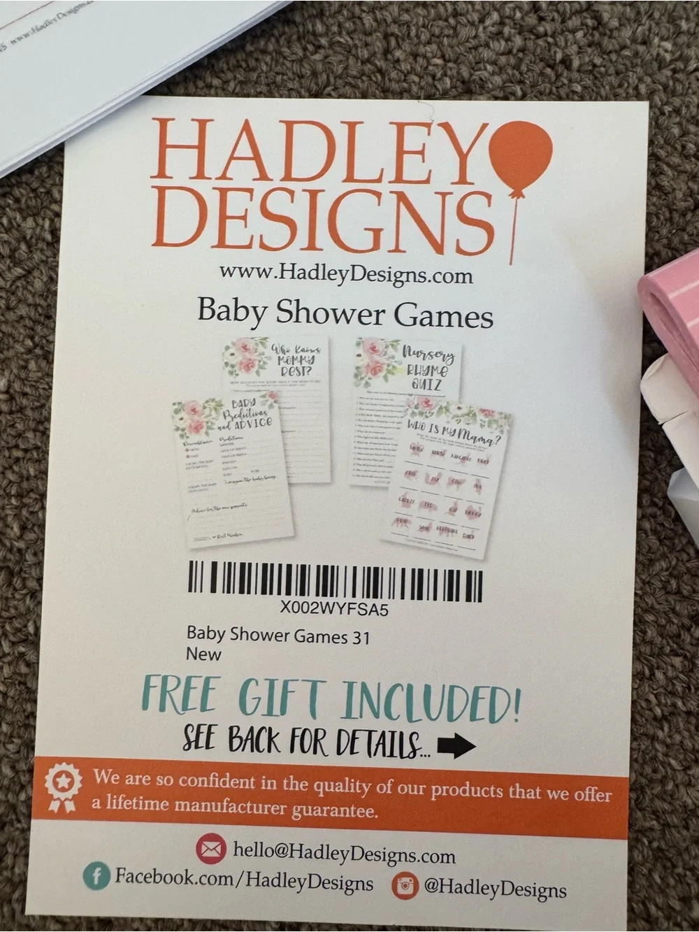 Pink Baby Shower Game Pack by Hadley Designs